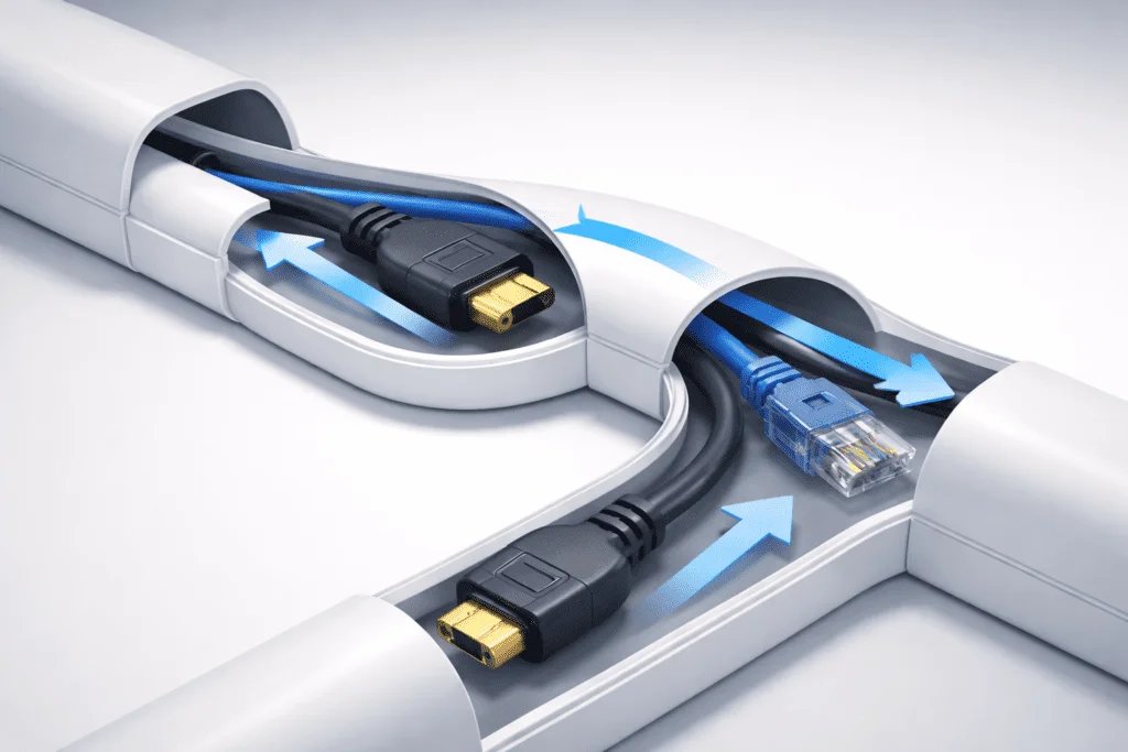 Canaleta con cables HDMI y UTP pasando por curvas sin trabarse