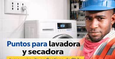 enchufe triple chileno para lavadora y secadora junto a lavadora en muro de cerámica en Santiago de Chile