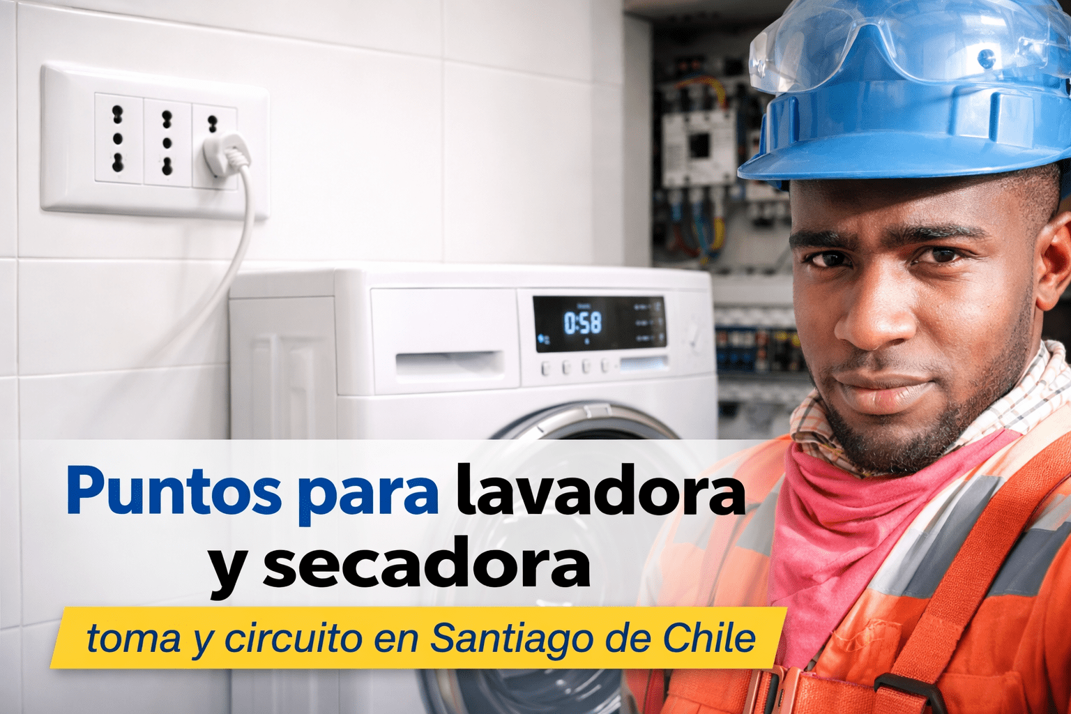 enchufe triple chileno para lavadora y secadora junto a lavadora en muro de cerámica en Santiago de Chile