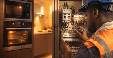 Electricista en Santiago conectando circuito dedicado en tablero para horno y microondas de cocina moderna, con protecciones y cableado ordenado.