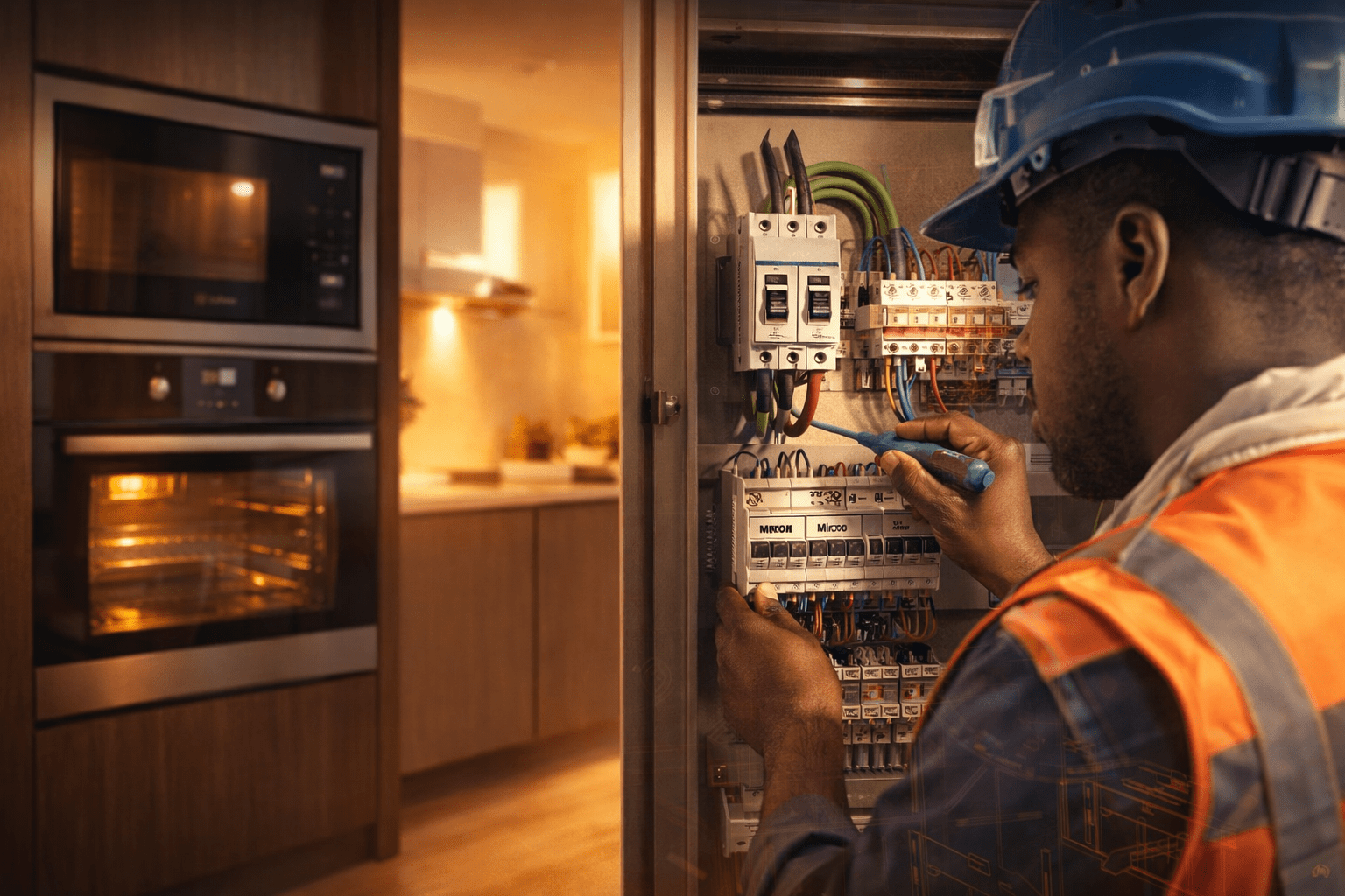 Electricista en Santiago conectando circuito dedicado en tablero para horno y microondas de cocina moderna, con protecciones y cableado ordenado.