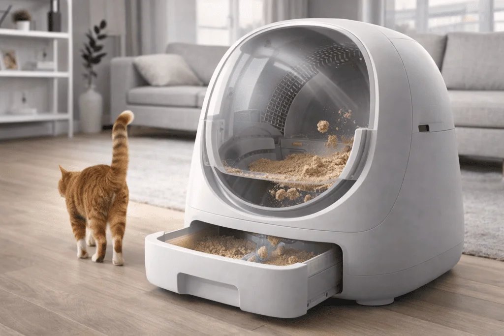 Arenero automático autolimpiante para gatos con tambor y cajón de residuos en una sala de estar, con un gato alejándose