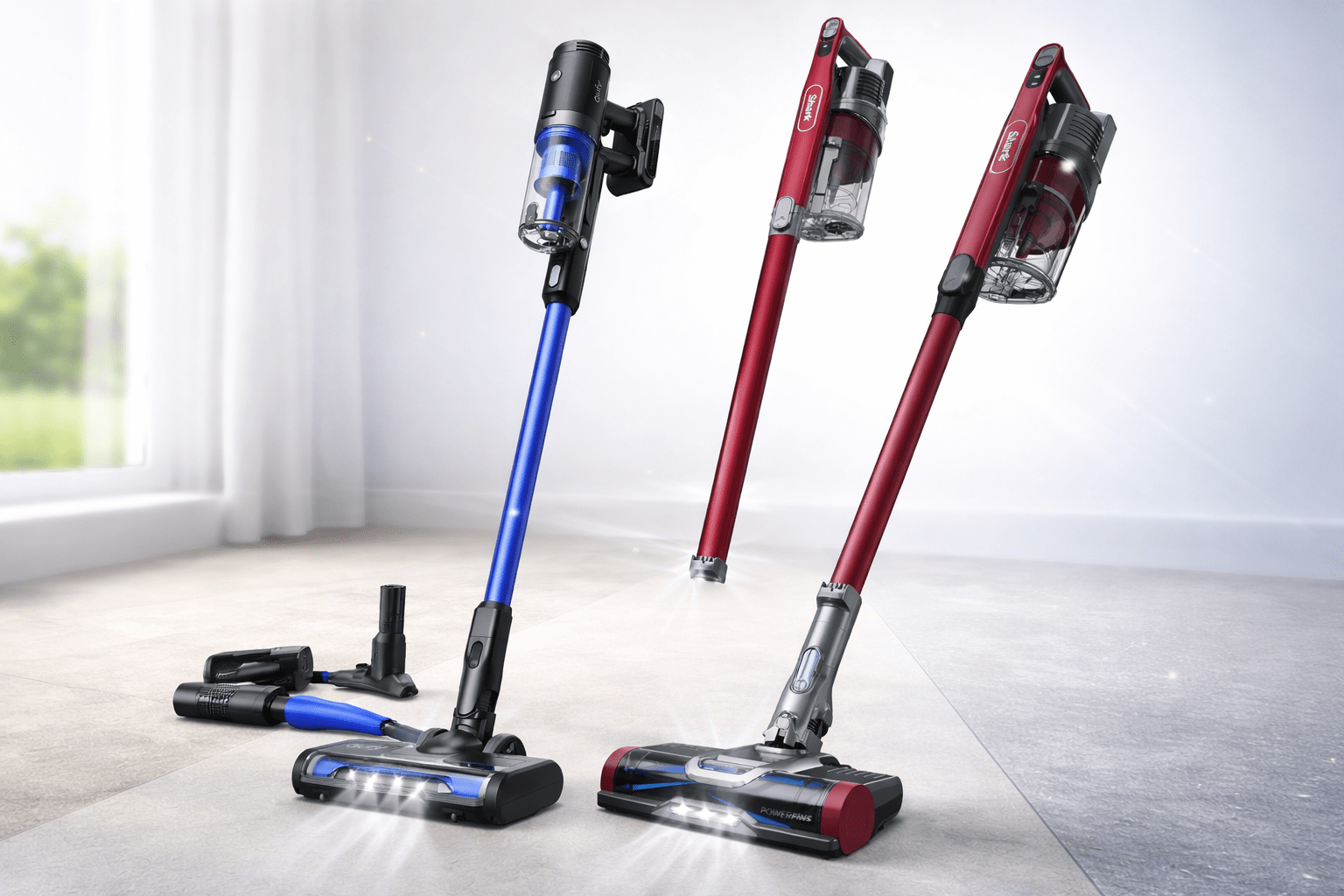 Aspiradoras verticales inalámbricas tipo Eufy y Shark con accesorios, en piso duro, para comparar según tipo de suelo.