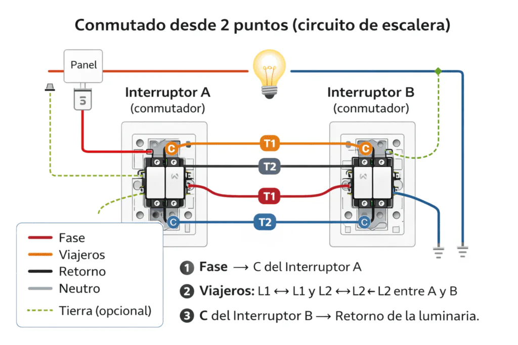 Diagrama de conexión de interruptor conmutado desde 2 puntos: fase al común, dos viajeros entre conmutadores y retorno a la lámpara; neutro directo y tierra a caja.