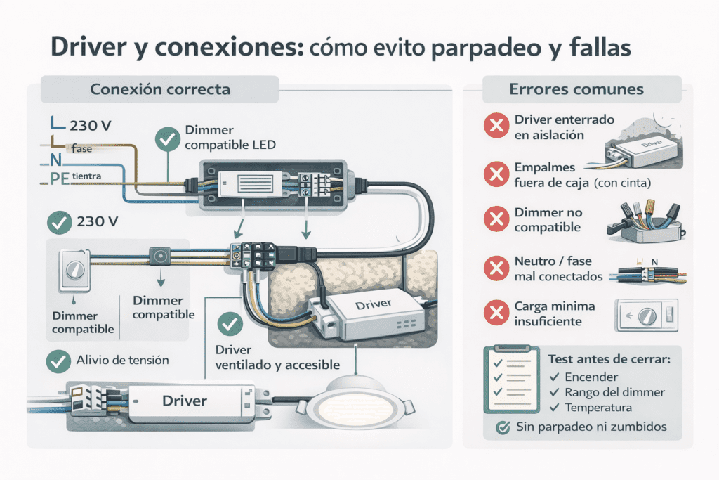 Infografía de cableado LED: entrada 230 V al driver (L/N), salida al panel/downlight, tierra continua, conectores en caja y dimmer compatible para evitar parpadeo.
