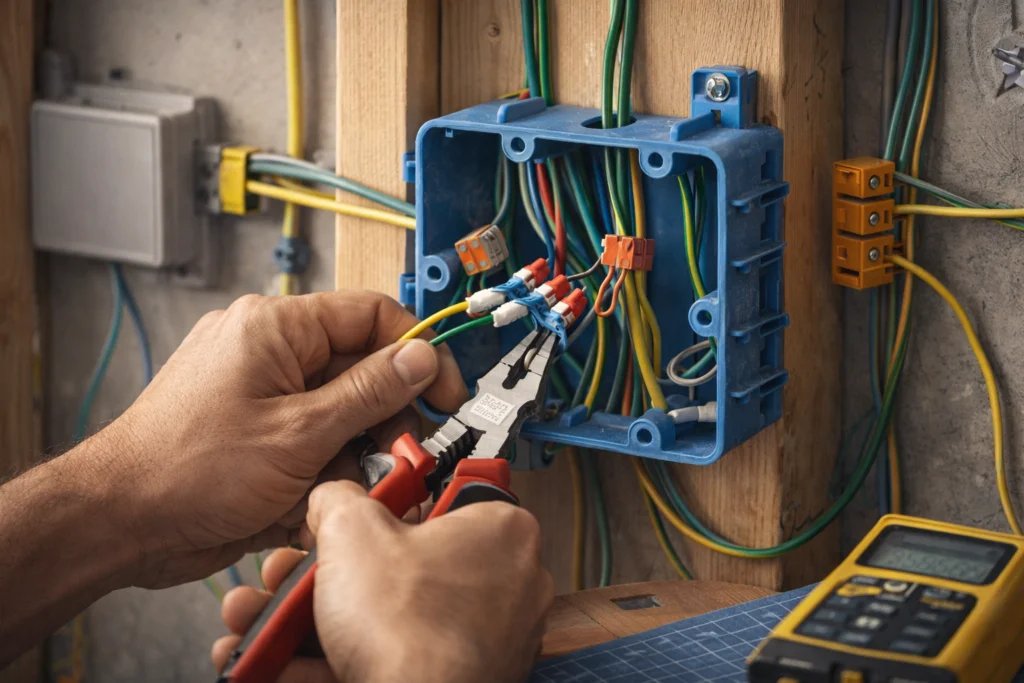 Empalmes dentro de caja de paso con cables ordenados y conexiones seguras en remodelación