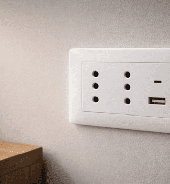 Enchufe doble tipo L 10A con puerto USB-A integrado en placa blanca, instalación empotrada en Santiago.