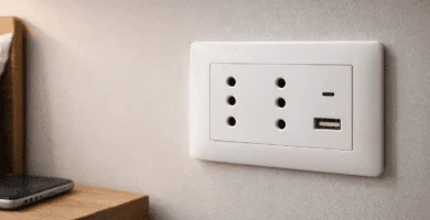 Enchufe doble tipo L 10A con puerto USB-A integrado en placa blanca, instalación empotrada en Santiago.