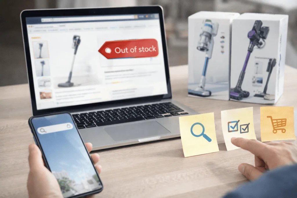 Persona revisando en portátil un “Out of stock” y comparando alternativas de aspiradoras inalámbricas en Amazon desde el móvil.