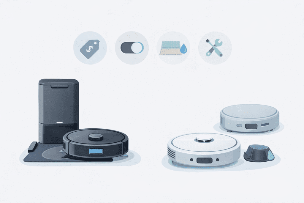 Ilustración comparativa de robots aspiradores Eufy y otras marcas con iconos de precio, facilidad, trapeado y mantenimiento