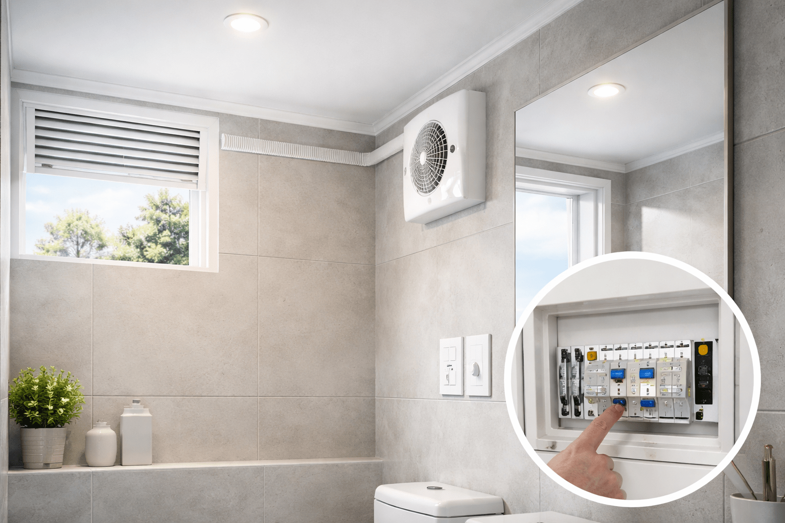Extractor de aire instalado en muro alto de baño moderno, solución de ventilación para humedad y olores en hogares de Santiago.