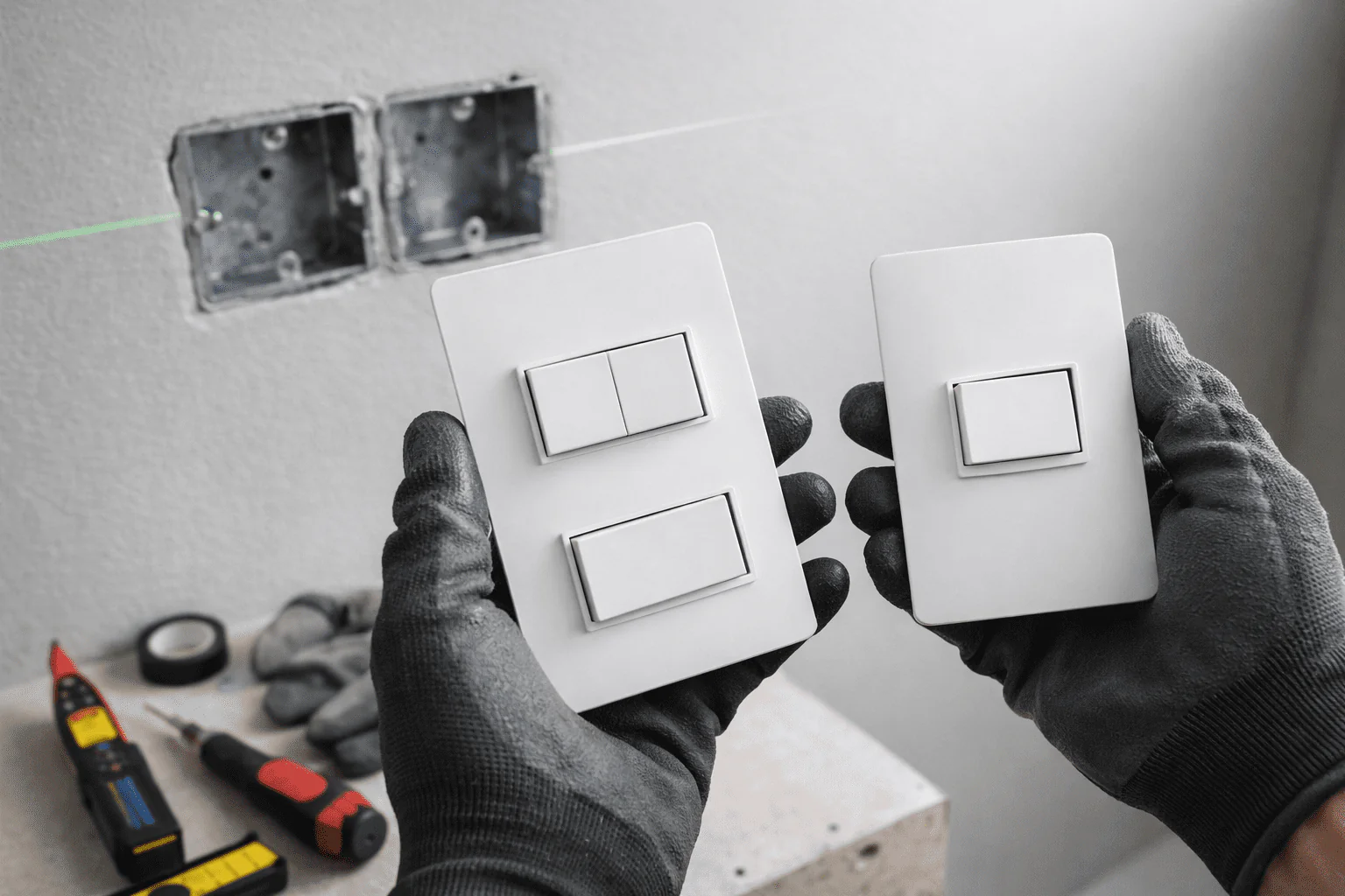 Técnico sostiene interruptores simple y doble formato 2×4; suministro e instalación de interruptores en Santiago.
