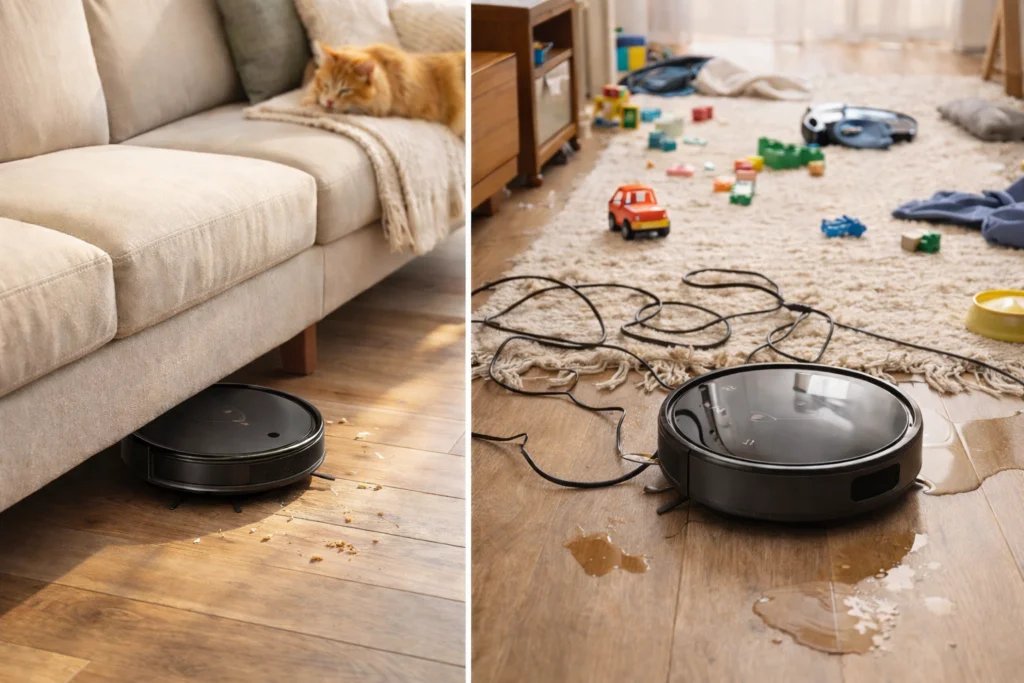Escena comparativa de uso real de robot aspirador: hogar ordenado vs hogar con obstáculos y cables