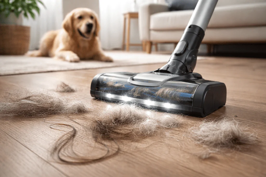 Aspiradora limpiando pelo de mascota y cabello largo en alfombra; muestra la acumulación que suele causar enredos y requiere mantenimiento.