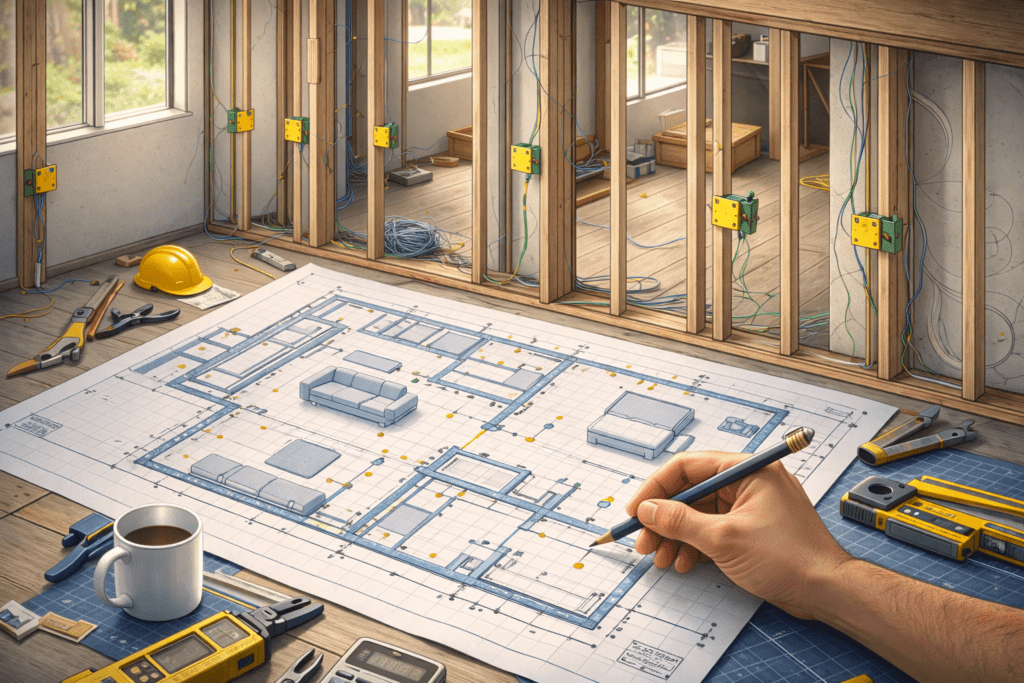 Plano de remodelación con tabiques abiertos y puntos eléctricos marcados antes de cerrar muros