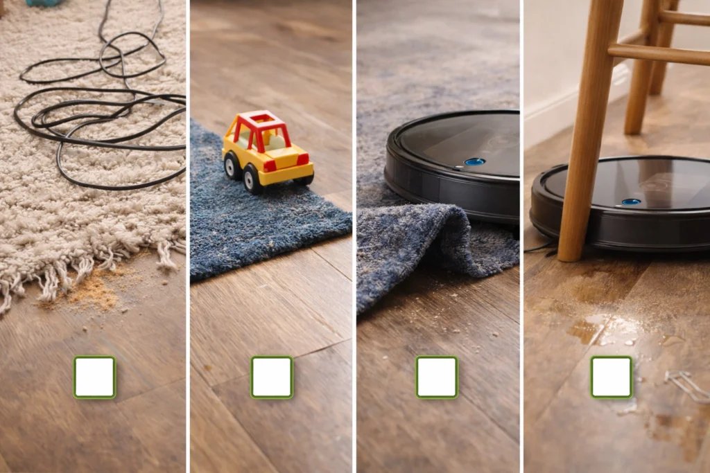 Problemas típicos de robot aspirador en casa: cables, alfombra levantada, atasco y obstáculo