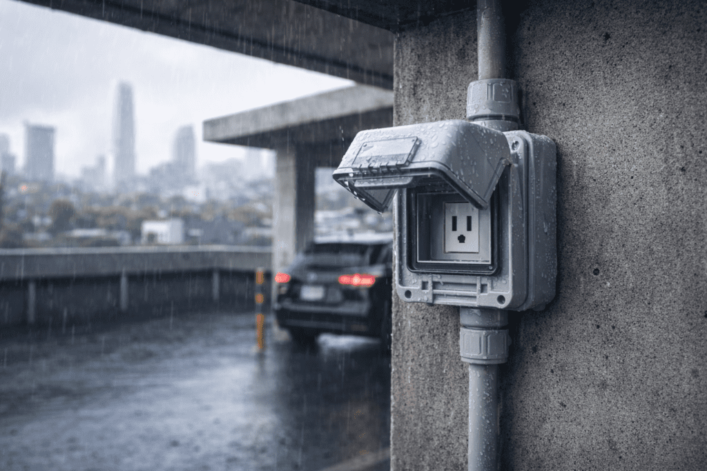 Toma eléctrica exterior estanca con tapa y canalización protegida en estacionamiento