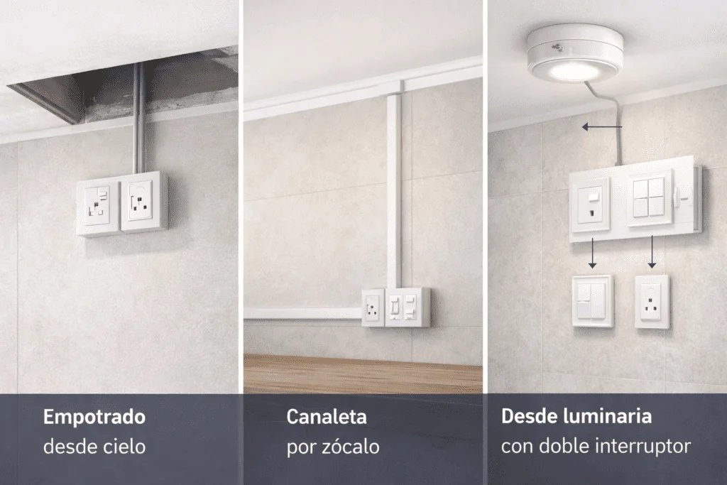 Tres opciones de punto eléctrico para extractor: bajada empotrada desde cielo, canaleta por zócalo con caja de superficie y derivación desde luminaria con interruptor independiente (Santiago).