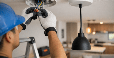 Electricista instala aplique de pared con fijación segura; conexiones dentro de caja y prueba de encendido en Santiago.