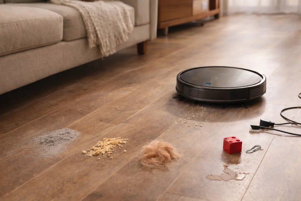 Robot aspirador limpiando distintos residuos del hogar en el suelo (rendimiento real)