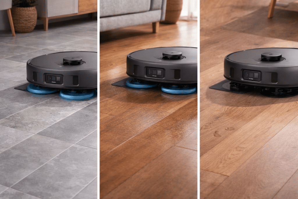 Robot aspirador y trapeador limpiando en distintos pisos: cerámica, madera y laminado
