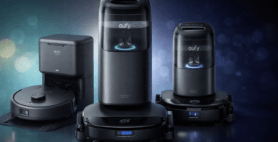 Collage de robots aspiradores Eufy con y sin estación de autovaciado, en primer plano, para comparar opciones de limpieza en casa.