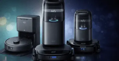Collage de robots aspiradores Eufy con y sin estación de autovaciado, en primer plano, para comparar opciones de limpieza en casa.