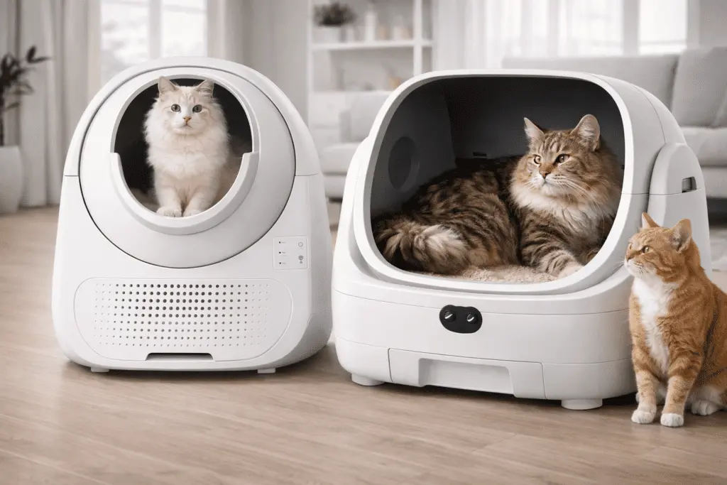 Dos areneros automáticos autolimpiables para gatos, uno tipo tambor y otro de diseño abierto, mostrando espacio y comodidad para gatos grandes