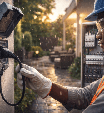 Electricista conecta toma exterior estanca IP65 bajo la lluvia en patio; instalación de tomas para jardín y terraza en Santiago.