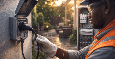 Electricista conecta toma exterior estanca IP65 bajo la lluvia en patio; instalación de tomas para jardín y terraza en Santiago.