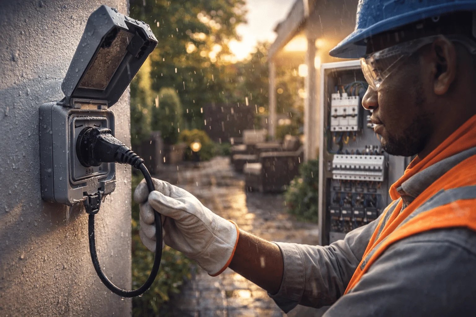Electricista conecta toma exterior estanca IP65 bajo la lluvia en patio; instalación de tomas para jardín y terraza en Santiago.