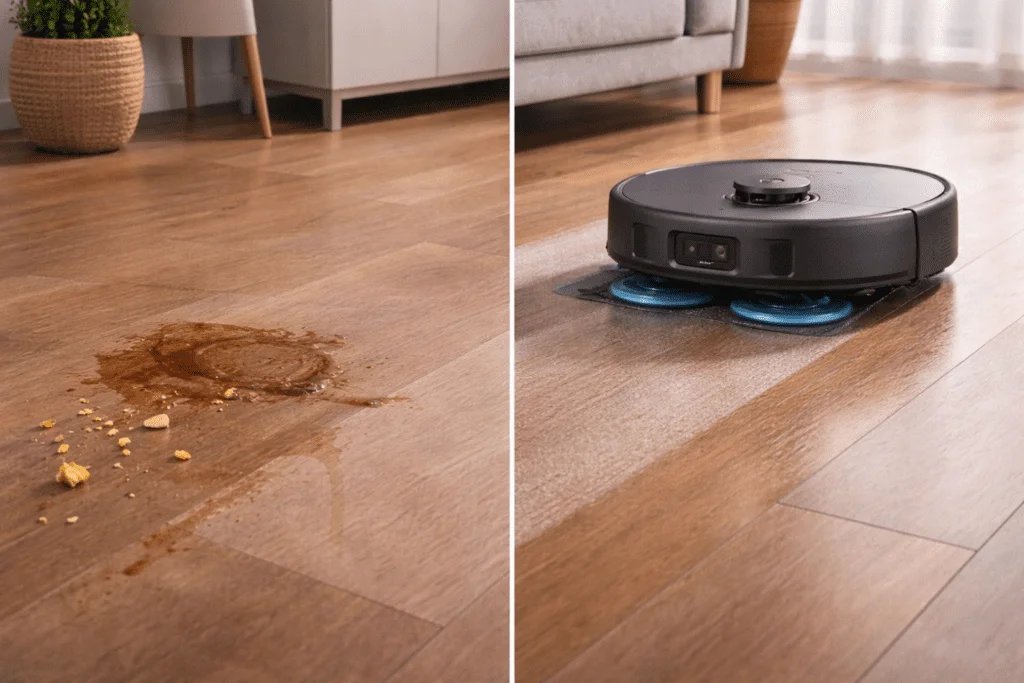 Robot aspirador y trapeador en acción: antes y después de limpiar derrame y migas en piso de madera