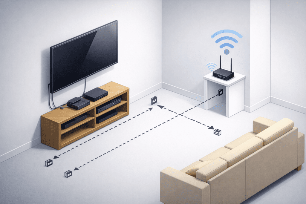 Plano isométrico con TV, rack y router mostrando distancias para ubicar puntos de red y enchufes