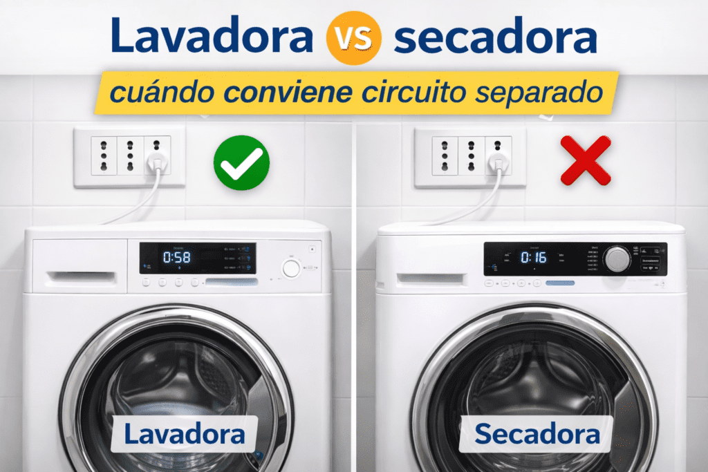 comparación lavadora vs secadora con enchufes y señales de ok y no, para explicar cuándo conviene circuito eléctrico separado