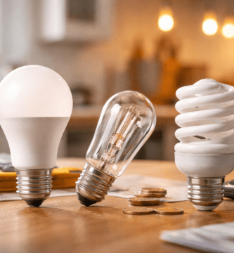 Comparación de ampolleta LED, halógena y CFL sobre una mesa con calculadora y monedas en un hogar
