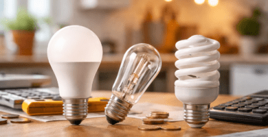 Comparación de ampolleta LED, halógena y CFL sobre una mesa con calculadora y monedas en un hogar