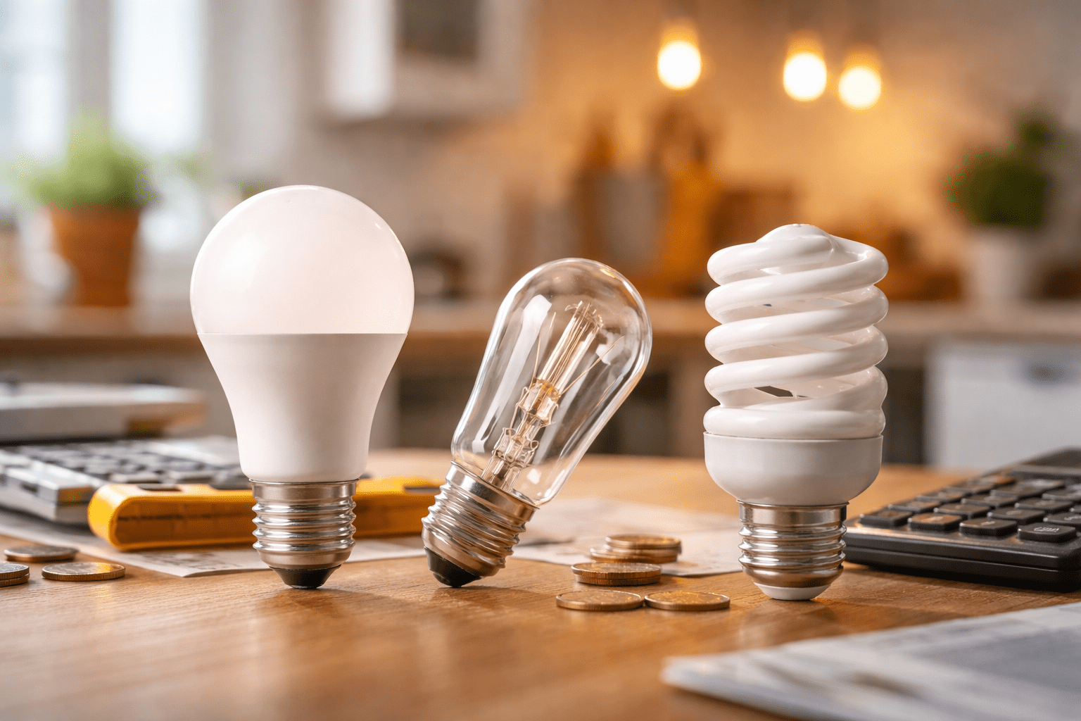 Comparación de ampolleta LED, halógena y CFL sobre una mesa con calculadora y monedas en un hogar
