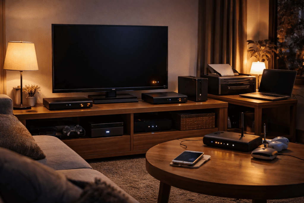 Sala de estar con TV, decodificador, consola, router y otros equipos en modo espera, mostrando aparatos que aportan consumo fantasma en casa.