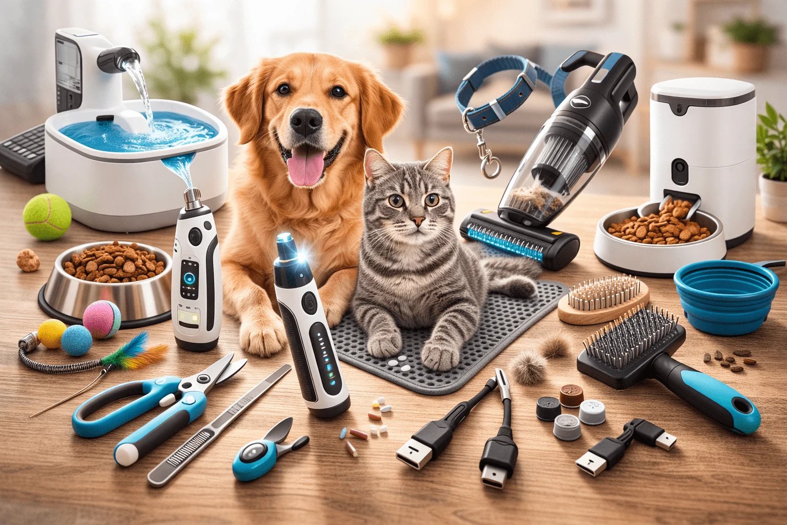 Perro y gato con aparatos y accesorios para mascotas en casa
