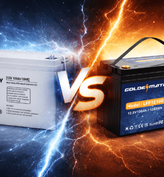 Comparativa visual entre batería AGM Renogy 12V 100Ah y batería LiFePO₄ Goldenmate 12.8V 100Ah