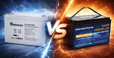 Comparativa visual entre batería AGM Renogy 12V 100Ah y batería LiFePO₄ Goldenmate 12.8V 100Ah