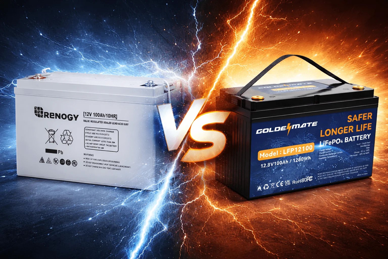Comparativa visual entre batería AGM Renogy 12V 100Ah y batería LiFePO₄ Goldenmate 12.8V 100Ah
