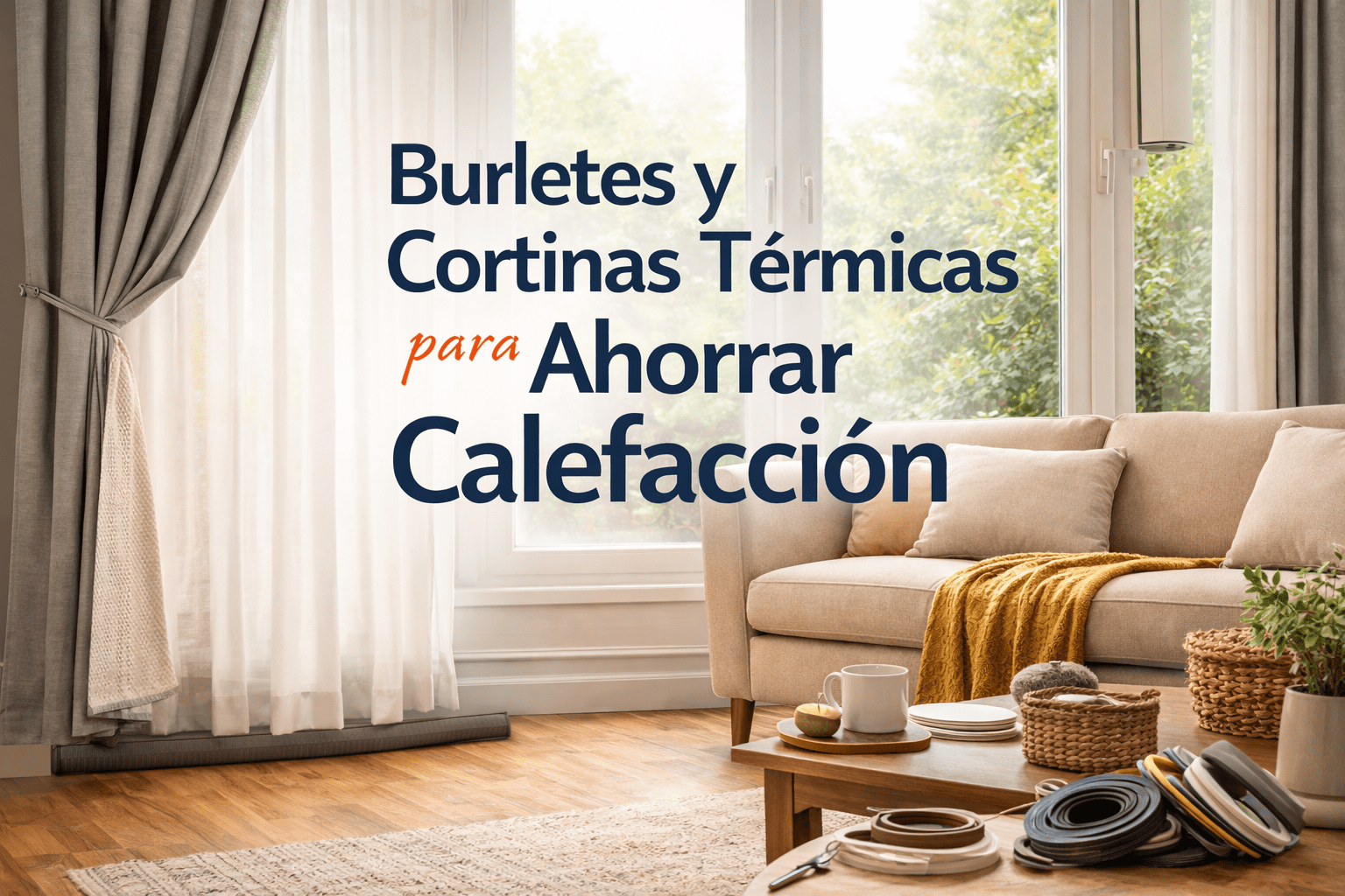 Sala de estar con ventanales, cortinas térmicas, burlete bajo puerta y materiales de sellado para aislar puertas y ventanas en invierno.