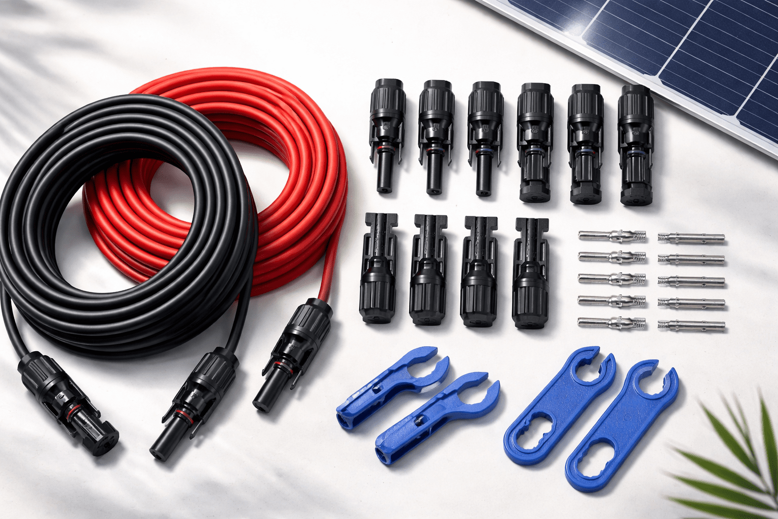 Cables solares rojo y negro con conectores MC4 y kit de conectores para extensiones en kits solares.
