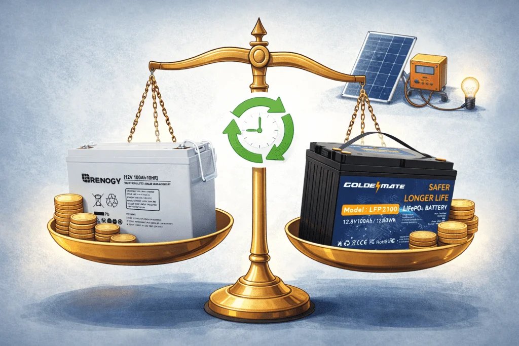 Comparación visual entre batería AGM y batería LiFePO₄ sobre costo por ciclo y vida útil en kits solares pequeños