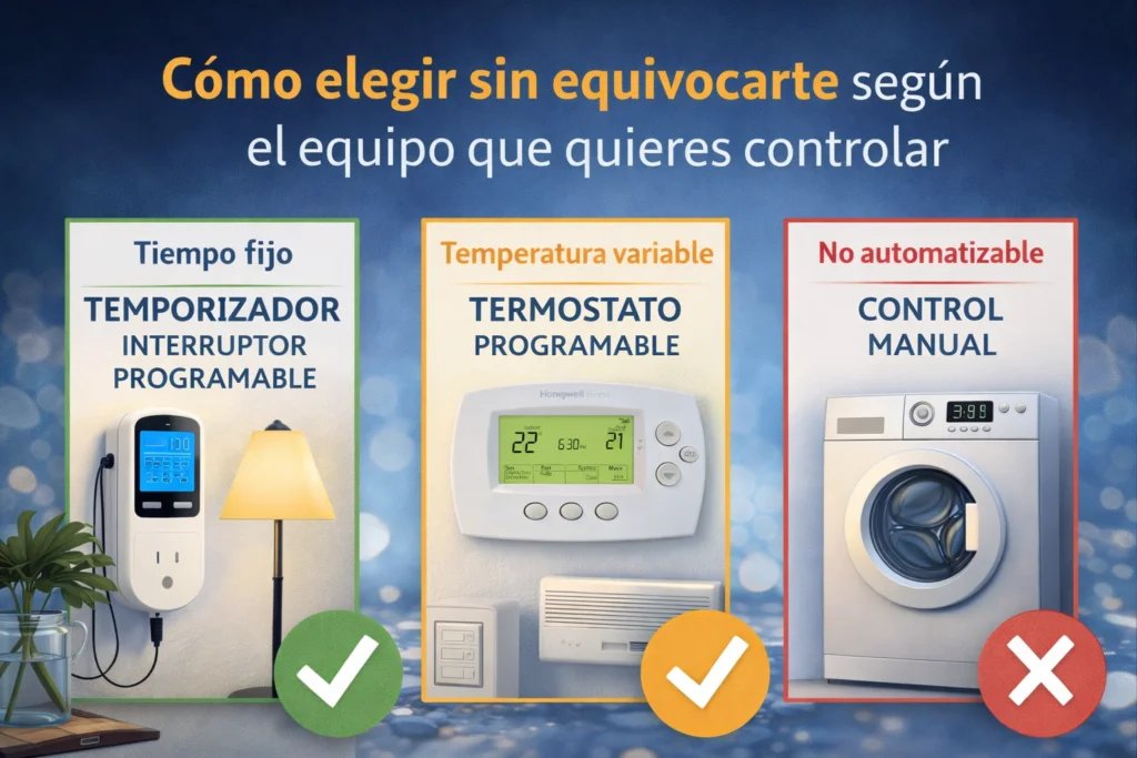 Imagen comparativa con temporizador enchufable, termostato programable y control manual para elegir el tipo de automatización según el equipo del hogar
