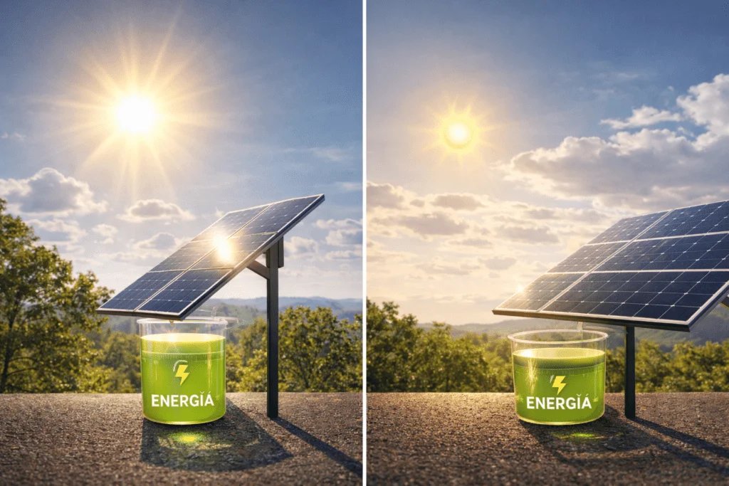 Comparación visual entre radiación solar intensa y luz solar más suave sobre paneles solares en exterior