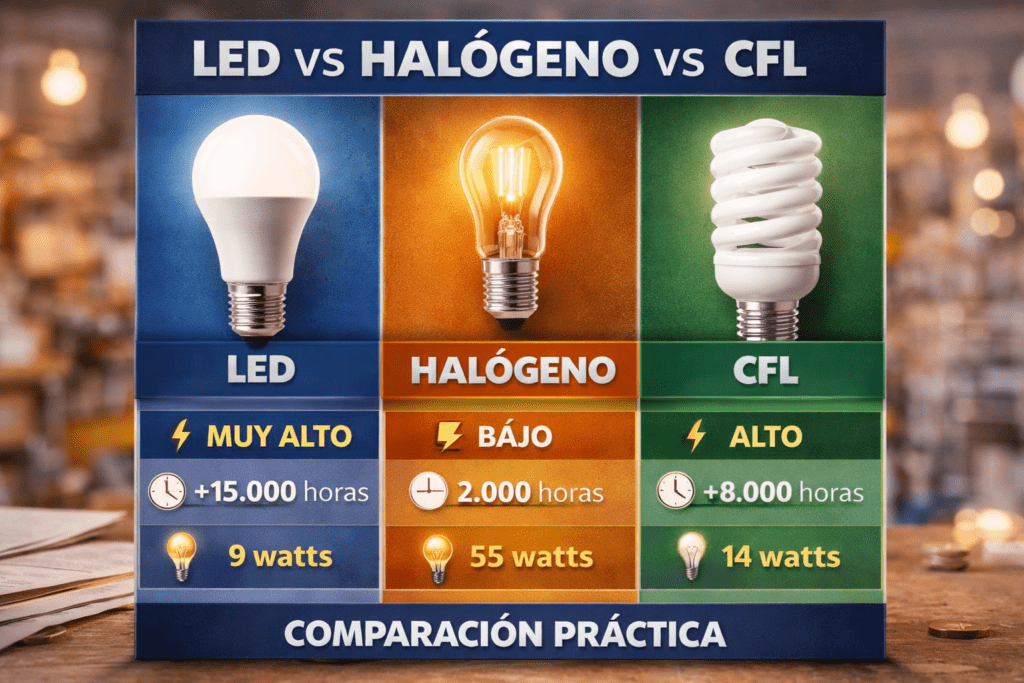 Imagen comparativa de ampolleta LED, halógena y CFL para explicar diferencias de consumo, vida útil y costo en el hogar