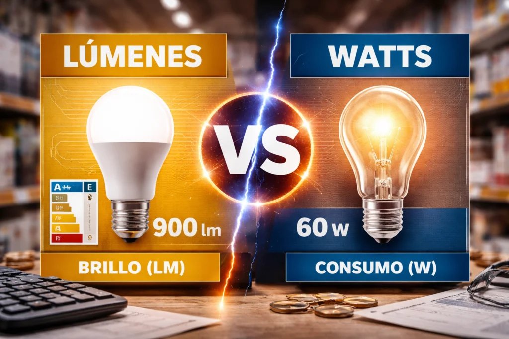 Imagen comparativa de una ampolleta LED y una ampolleta tradicional para explicar la diferencia entre lúmenes y watts