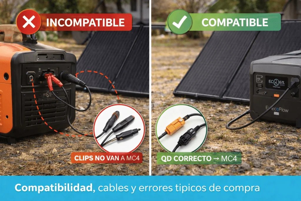 Comparación visual entre conexiones compatibles e incompatibles en paneles solares, cables y adaptadores.